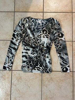 Vintage 90s Cache Animal Print Wrap Top Black Gray & Gold Accent, Sz Small